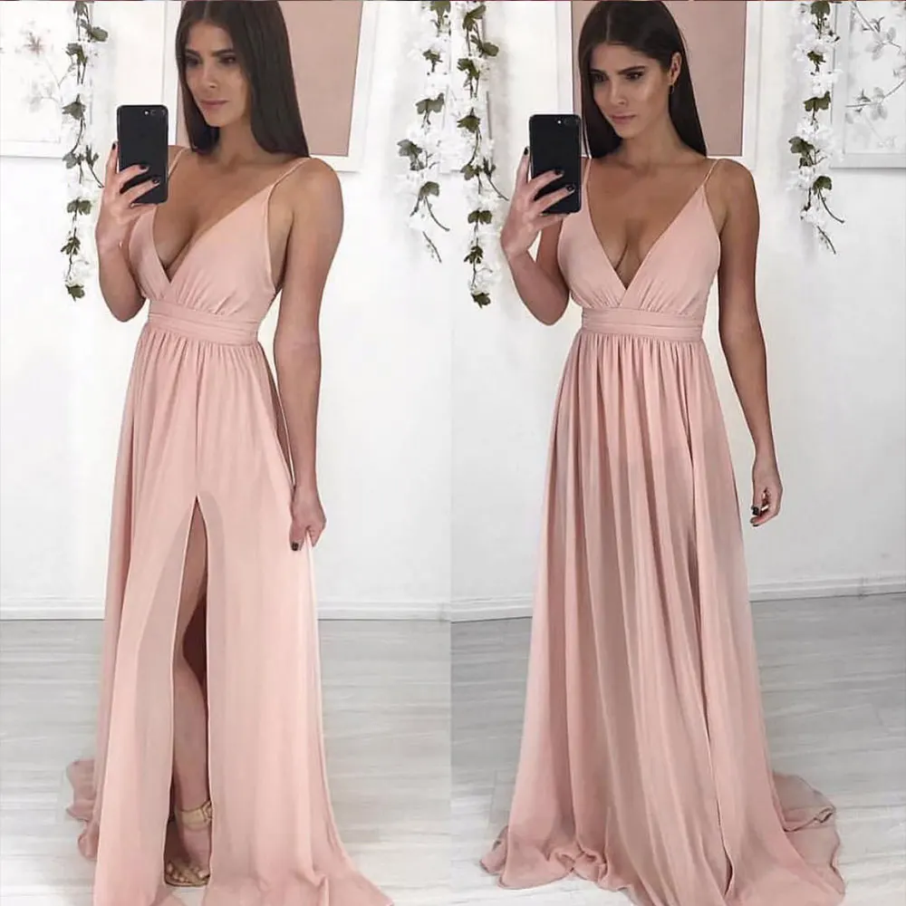 Пикантные тонкие бретельки с v образным вырезом розовые длинные вечерние платья
