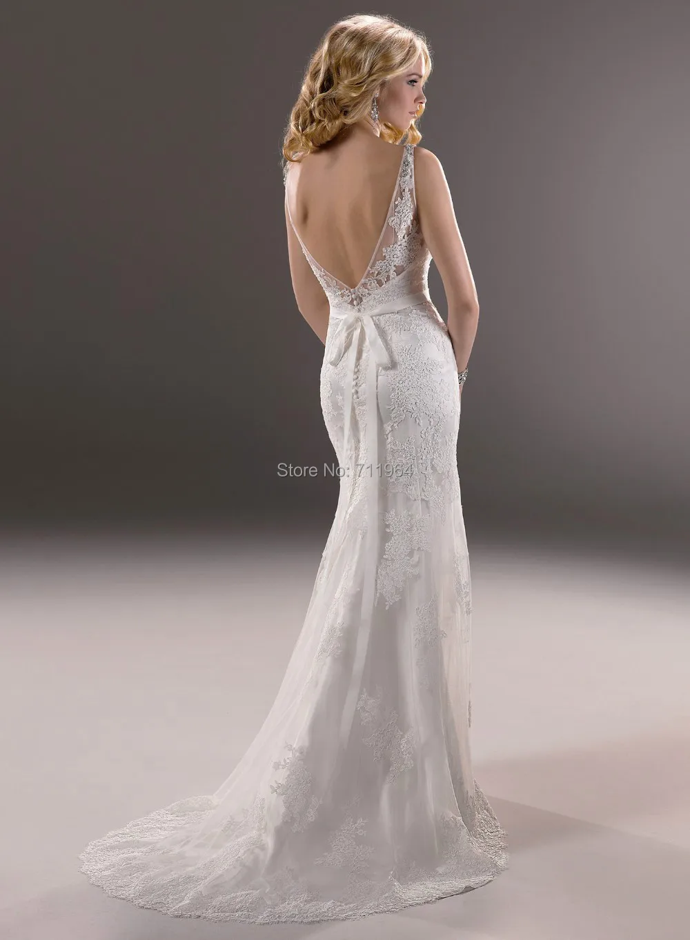 Top Best Quality White V-neck High Alencon Spaghetti Strap Sweep Train Open Back Lace Wedding Dresses 2014 Bridal | Свадьбы и