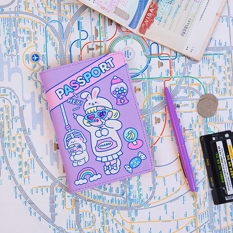 По нижнему краю; высший класс! Kawaii! Розовый фиолетовый чехол для паспорта из искусственной кожи для женщин и девочек, держатель для карт, чехол для паспорта с держателем для ручек