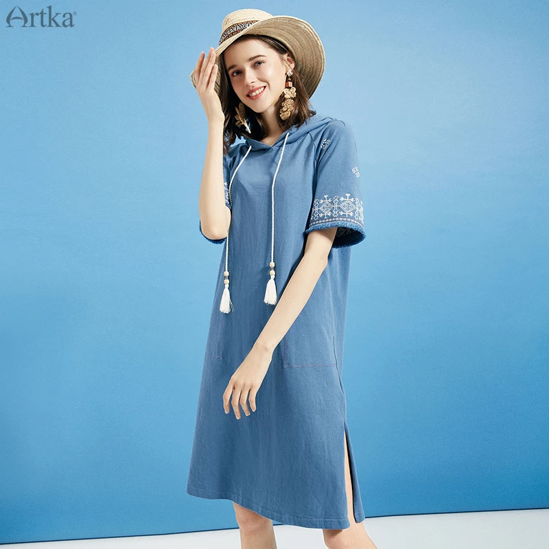 Женское винтажное платье с вышивкой ARTKA свободное Хлопковое капюшоном и коротким