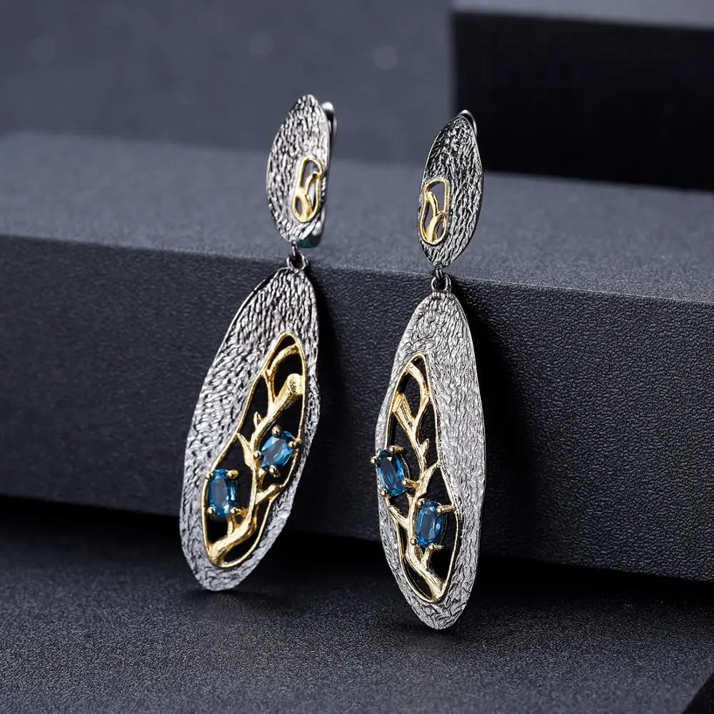 GEM'S BALLET 925 Sterling Silver Natural London Blue Topaz Handmade Petal Floral Drop Earrings for Women Fine Jewelry | Украшения и