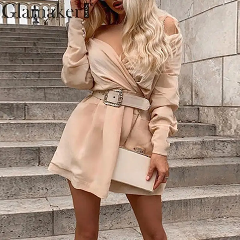 Женское платье с высокой талией Glamaker Летнее мини-платье длинным рукавом и поясом