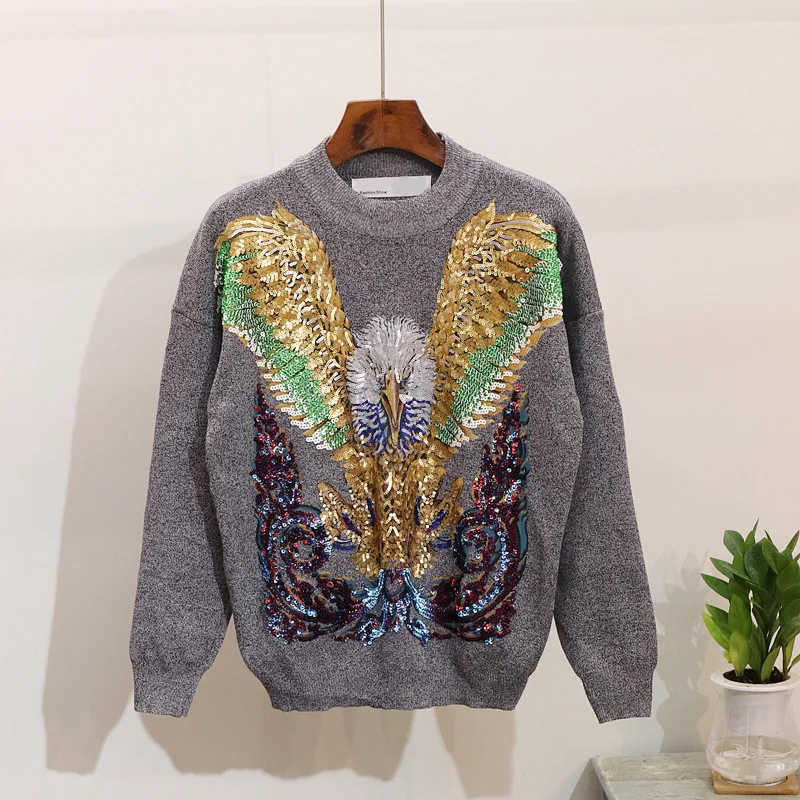 Autumn Knitwear Two Pieces Set Womans Two-piece Suit Sequins Eagle Sweater + Casual Trousers Ladies Knitting Pants Femme |