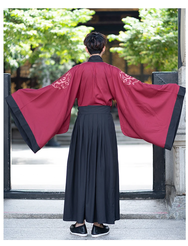 Hanfu древний китайский костюм красные Топы пальто черные юбки Мужская традиционная китайская одежда Hanfu мужские костюмы для выступлений DN2566