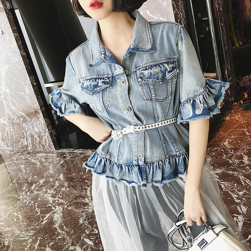 Сетки лоскутное оборками джинсовая куртка для Для женщин 2018 лето Flare рукавом