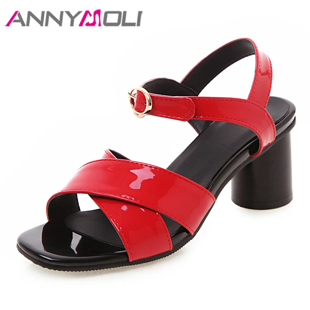 

ANNYMOLI Women Shoes Summer Sandals Buckle Round Heels Wedding Shoes Patent Leather High Heels Lady Sandals Red Large Size 33-43