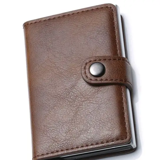 dark brown 2 Мужской держатель для Карт RFID алюминиевый сплав кредитный держатель для карт НОВЕЙШИЙ МЕТАЛЛИЧЕСКИЙ кожаный бумажник Противоугонный мужской автоматический Чехол для карт - Цвет: dark brown 2