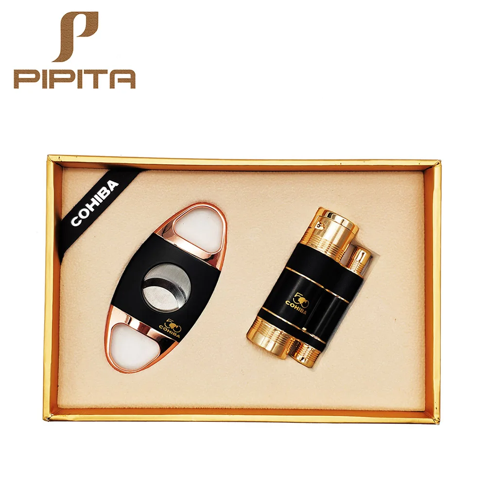 Fashion Cigar Lighter Cutter Set Torch Jet Flame Lighter Double Cigar Knife Gas Cigarette Lighter Cigars Set With Nice Gift Box