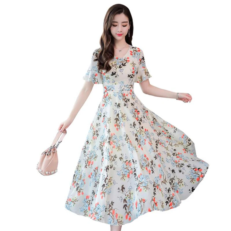 2019 летнее платье новый корейский модные женские туфли короткий рукав v образным