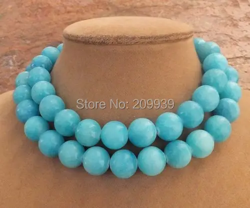 huij 00975 TURQUOISE AQUA BLUE JADE SILVER ROUND BEADED NECKLACE | Украшения и аксессуары