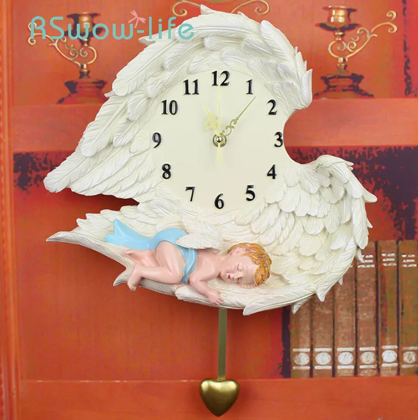 Настенные часы с ангелом Пасторального искусства для гостиной, спальни, украшение настольных часов, бесшумный маятник, современный дизайн из смолы.