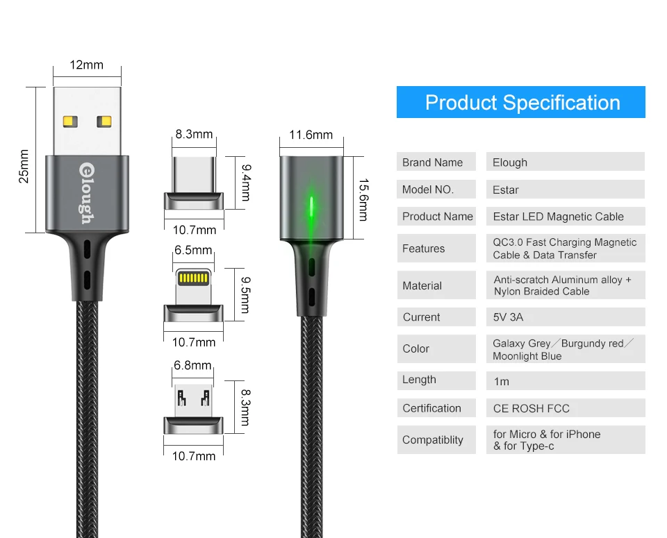 Elough Магнитный зарядный кабель для iphone кабель Micro usb type c кабель для HUAWEI P30 Магнитный кабель быстрое зарядное устройство USB C провод для передачи данных