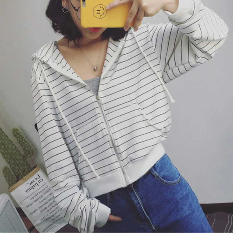 

Осенняя Женская толстовка в полоску, свитшот с длинным рукавом, куртки на молнии с капюшоном и карманами, повседневный спортивный костюм, же...