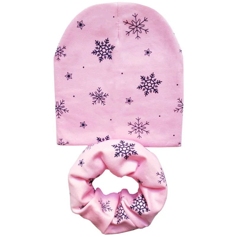 pink snowflake 1 комплект, хлопковая детская шапка, шарф для мальчиков и девочек, осенне-зимняя детская шапка, шарф-воротник, теплые шапочки с принтом «я люблю мама папа» - Цвет: pink snowflake