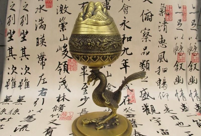 Медь Латунь ремесла Китай Королевский Два Дракона Играть Бисера Птица Феникс