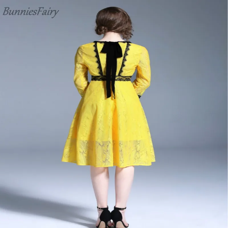 BunniesFairy 2018 новые летние Для женщин Элегантный Желтый Кружева Платье черное с