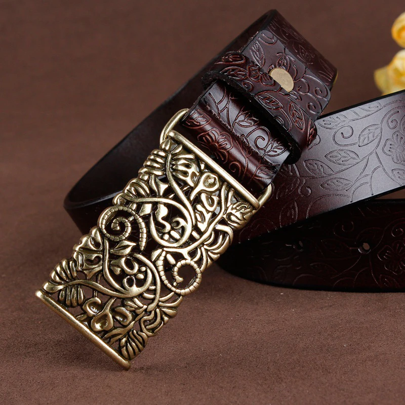 

[LFMB]Belt For Women Waistband Cowskin Leather Lady Belt Vintage Pin Buckle Hollow Flower Fashion Woman Jeans Girdle Female