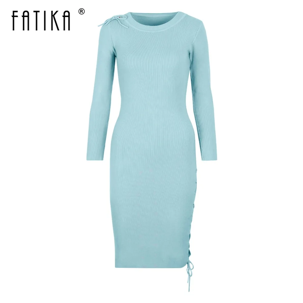 

FATIKA 2018 Autumn Winter Hot Women Knitted Dress Lace Up O-Neck Female Knee Length Bodycon Long Sleeve Solid Dresses