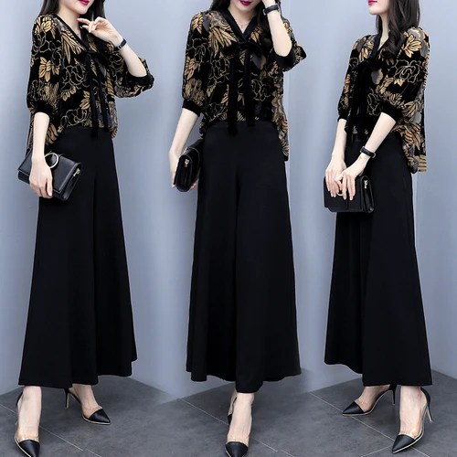 Лето 2019 корейский желтый топ широкие брюки Модный цветочный женский комплект из