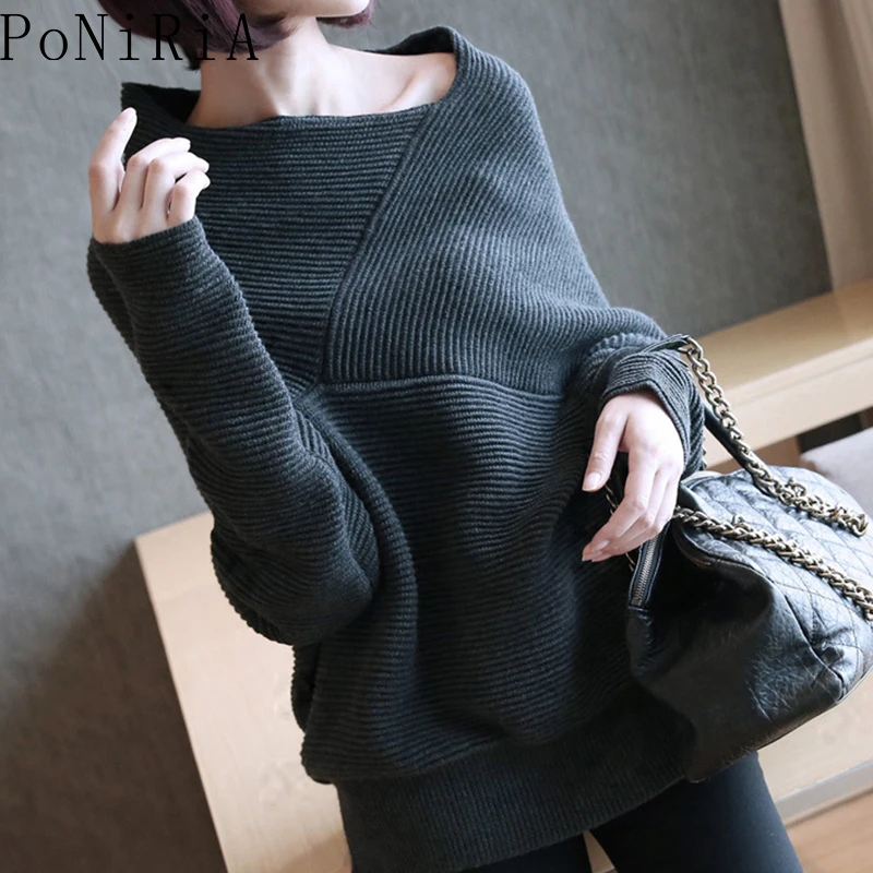 PoNiRiA Autumn New Women's clothing Korean version loose fashion headwear sweater female long sleeve slash neck solid OL | Женская