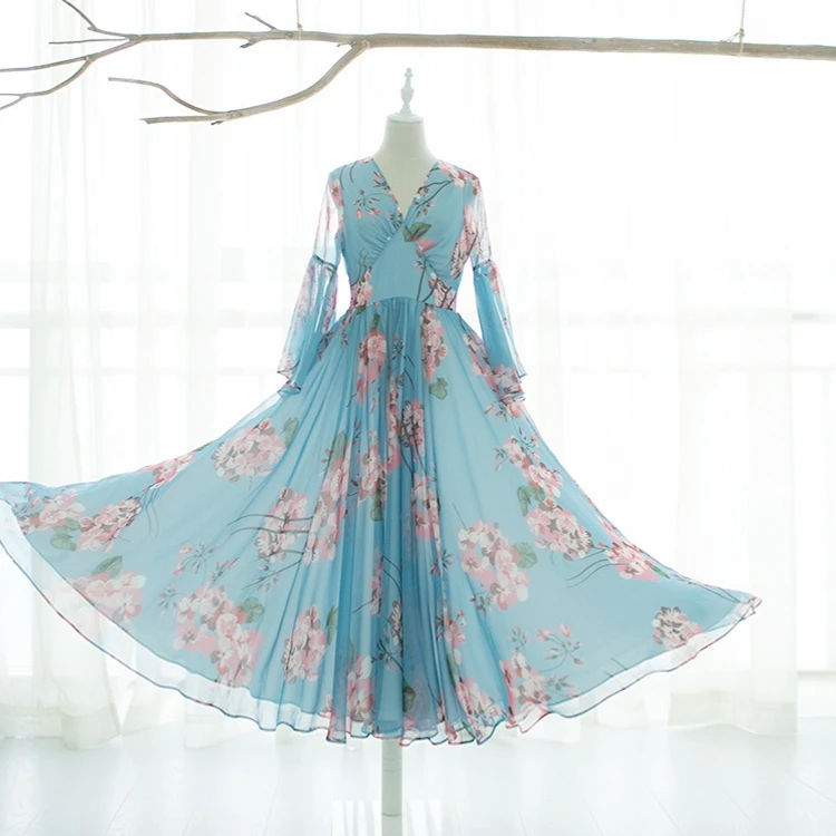 

MM183 Original Design Summer 2017 vintage large bottom v neck flare sleeve long maxi blue floral printed chiffon dress women