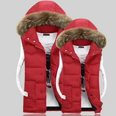 Red UNIVOS KUNI, мужской теплый жилет, chalecos para hombre, зимнее пальто, куртка для пары, унисекс, женский меховой воротник, большой размер 4XL Q6017 - Цвет: Red