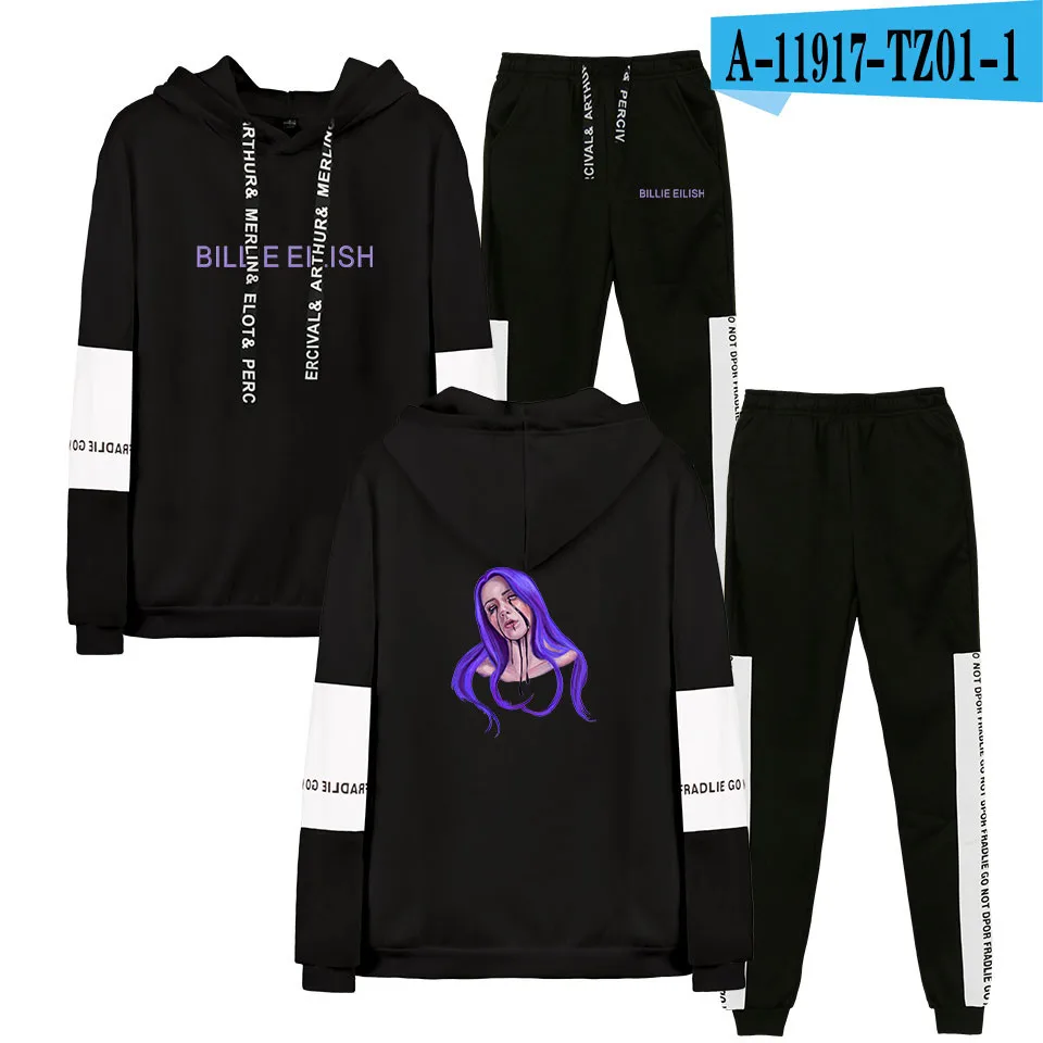 Новинка billie eilish, толстовка с капюшоном, женская модная толстовка с капюшоном, свитшоты+ спортивные штаны, костюмы, Осень-зима, теплый черный пуловер - Цвет: black