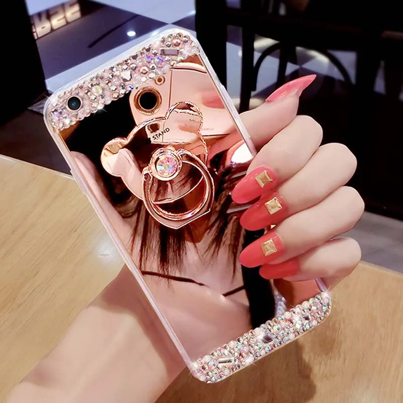 Зеркало кольцо coque case для huawei p8 lite 2017 p9 плюс P10 Lite Плюс Алмазный Блеск Bling Обложка