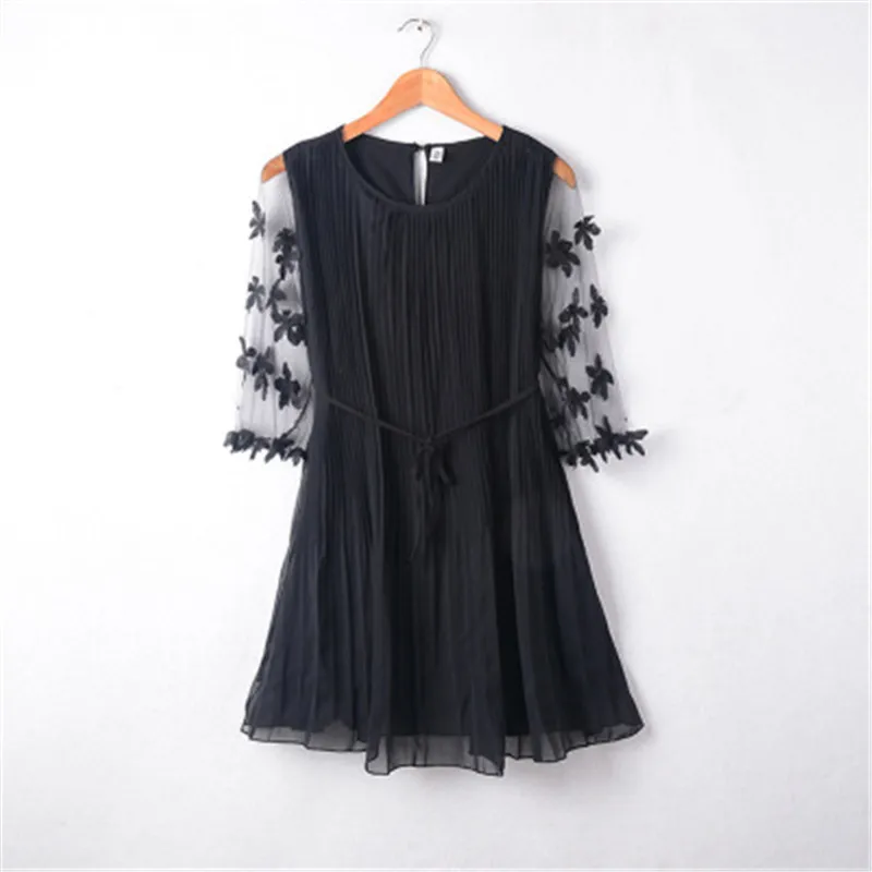 

2019 Spring Ladies Mesh Half Sleeve Chiffon Lace A-Line Mini Dress Korean Ulzzang Women Lace-Up Bow Above Knee Pleated Drees 582