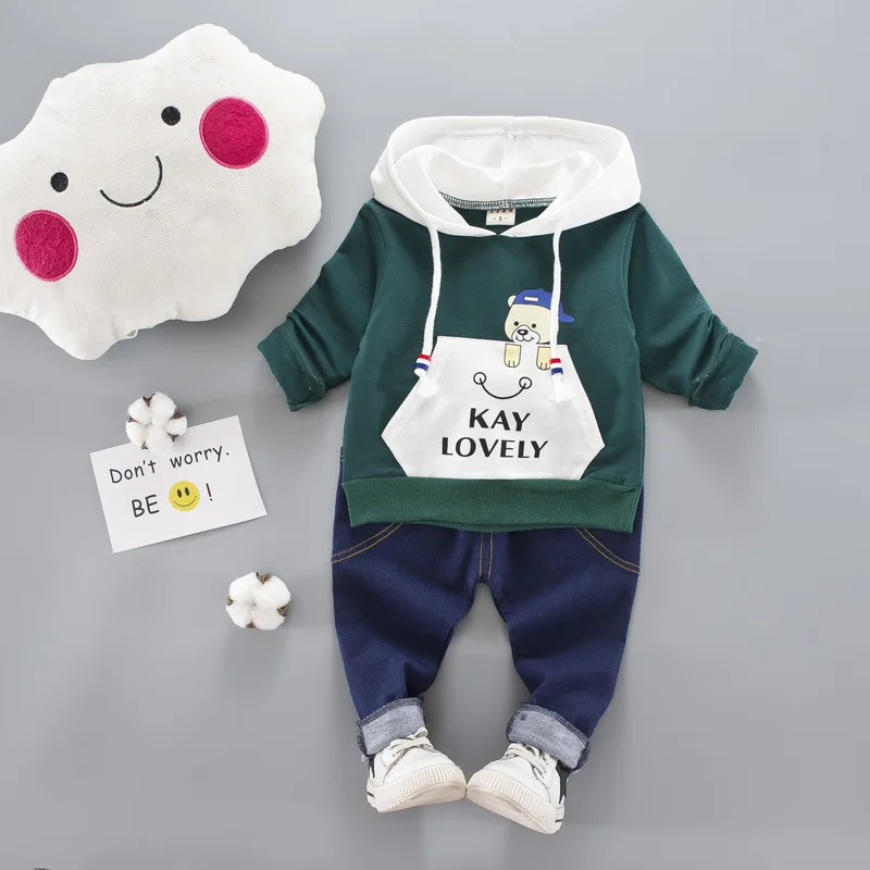 JIOROMY 2019 Boy Baby Suit Cartoon Bear Cap Hooded Shirt + Jeans Fashion Rest 2 Set Children's Clothes Pants Kids Red Green | Детская