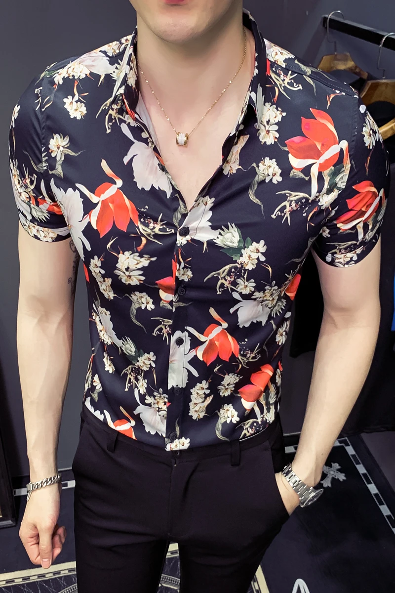 Мужская рубашка с цветочным принтом повседневная приталенная коротким рукавом