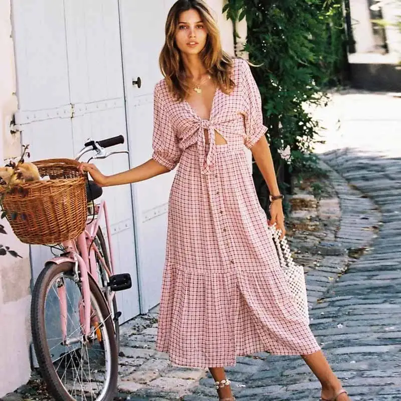 Богемный Вдохновленный женское розовое летнее платье с v образным вырезом