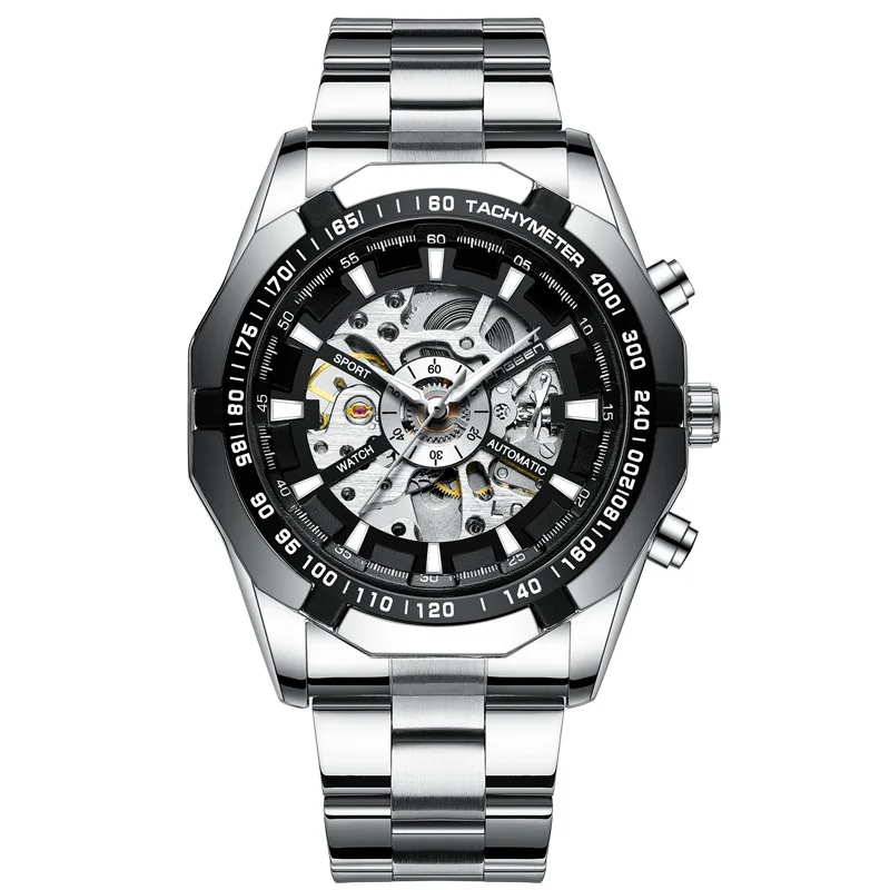 Мужские автоматические механические часы Heren Horloge черный серебристый чехол с