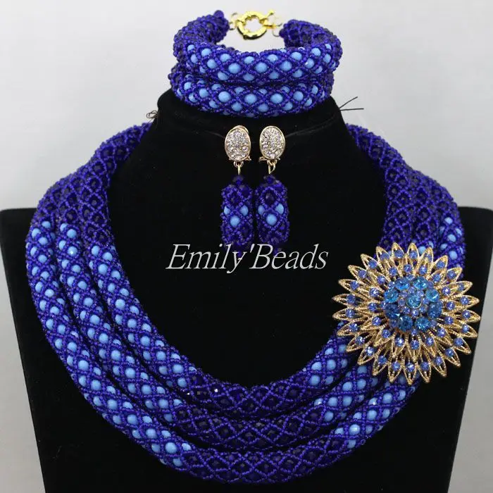 Нежный 3 слоя синий нигерийский Свадебный Африканский бисер комплект ювелирных