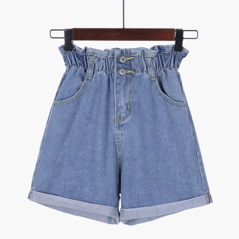 Blue S-5XL Korean Women's Shorts Plus Size Elastic High Waist Denim Shorts Women Loose Crimping Jean Shorts Summer Short Pants Women - Color: Blue