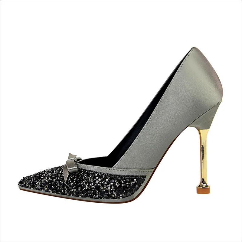 New Pointe Fashion Bling Metal Heel Women Pumps Silk Shallow Korean Women's Sweet Small Bowknot High Heels Shoes 10CM Woman | Обувь