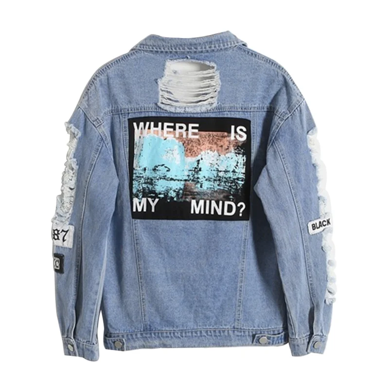 Where is my mind?Korea retro washing frayed embroidery letter patch bomber jacket Blue Ripped Distressed Denim Coat Female | Женская