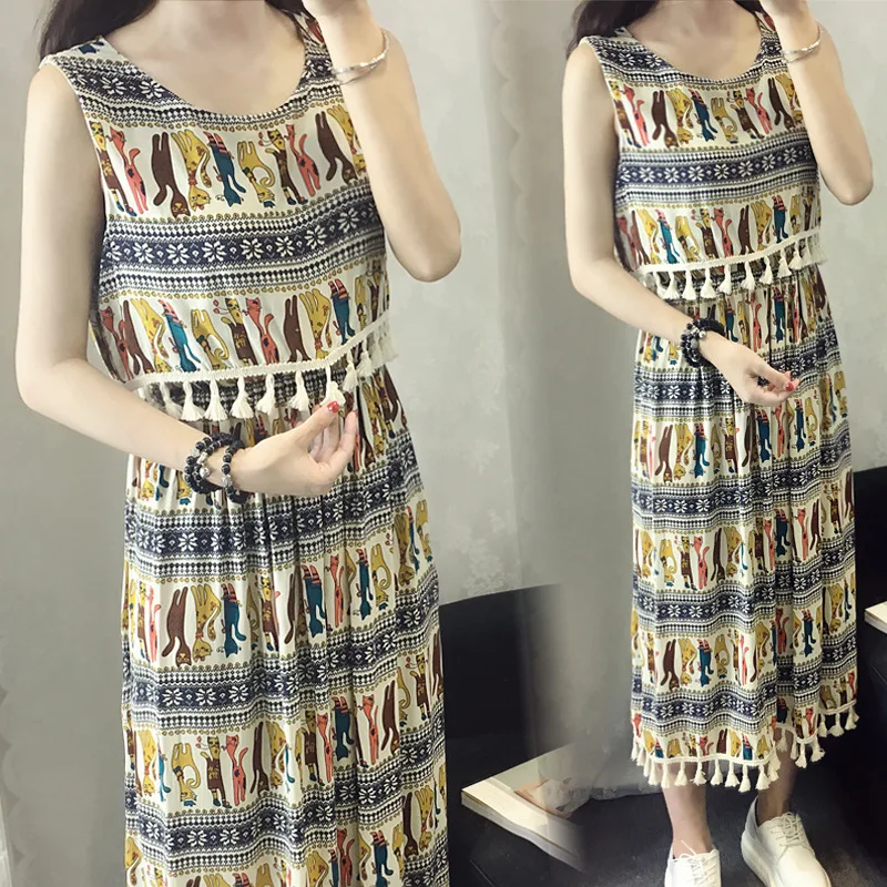 2017 летний новый стиль женщины платья кисточки круглым воротом без рукавов boho dress