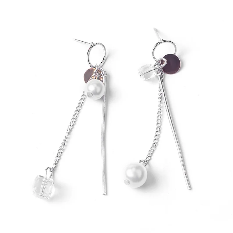Japan and South Korea new earrings fashion asymmetrical personality long crystal Pearl Tassel female | Украшения и аксессуары