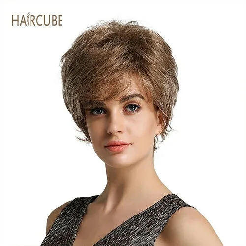 Light Brown Haircube " короткий синтетический женский парик с боковой челкой смешанные 50% настоящие человеческие волосы естественный вид и длительный стиль - Цвет: Light Brown