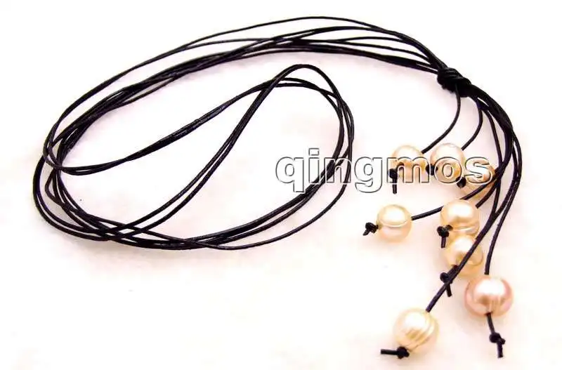 Big 10-11mm Pink Potato Natural Freshwater Pearl &amp Black Leather 4 strands 32&quot Long Necklace-nec6148 Wholesale/retail Free ship |