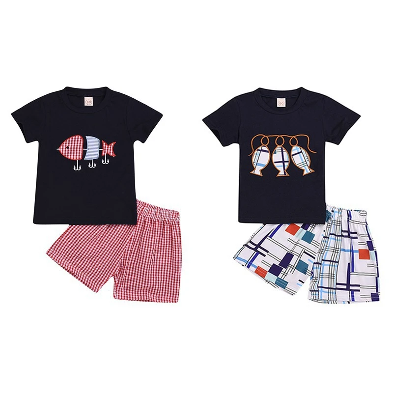 Summer Short Sleeve Embroidery Cartoon Print T-shirt Tops+Shorts Suits Costume Set Kids Boy Girl Casual Sets | Детская одежда и