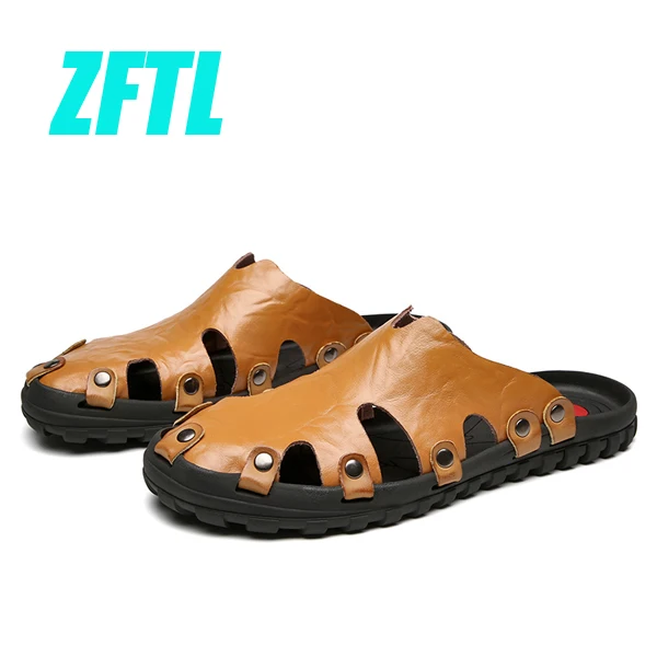 yellow slippers ZFTL/Новинка; мужские шлепанцы; Мужские Пляжные Шлепанцы из натуральной кожи; мужские повседневные Летние уличные тапочки; Мужская нескользящая обувь; большие размеры; 082 - Цвет: yellow slippers