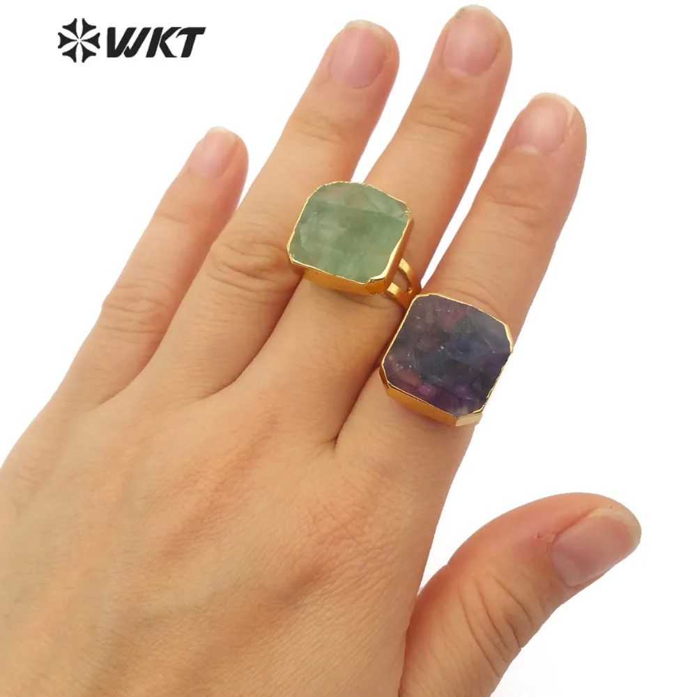 WT R211 горячая Распродажа кольца из природного радужного флюорита с золотым