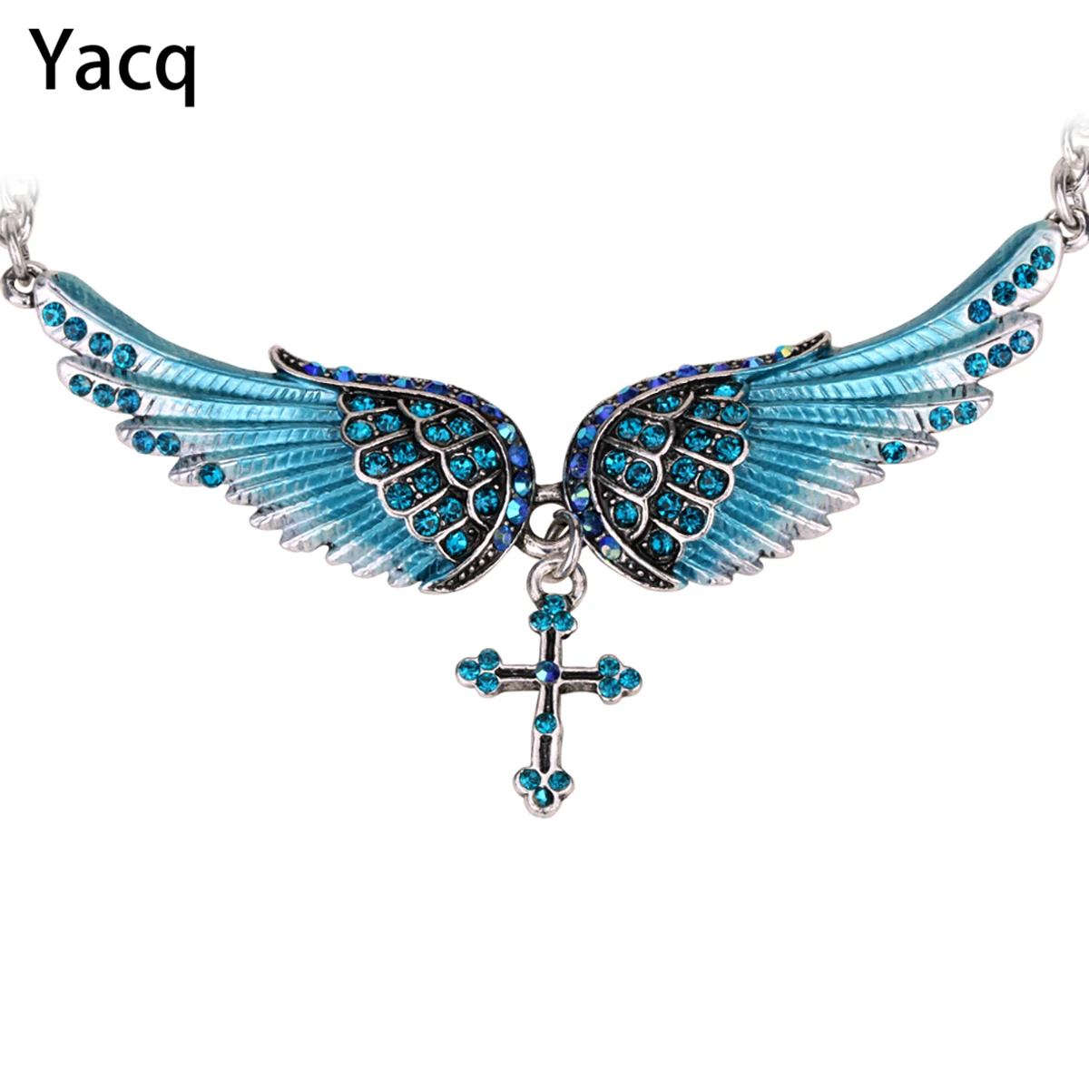 

YACQ Angel Wing Cross Choker Necklace Guardian Women Biker Crystal Jewelry Gifts Her Girl Silver Color NC01 Dropshipping (18+2)"