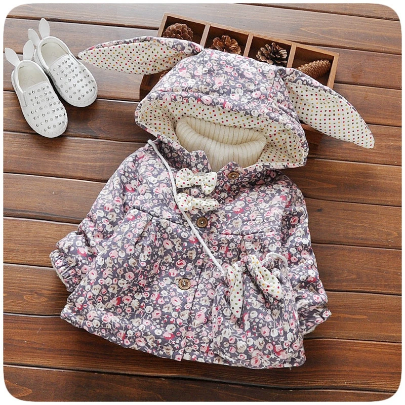 Зимнее пальто для маленьких девочек Цветочный принт с кроличьими ушками на