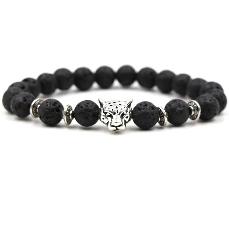 

HOBBORN Trendy 8mm Natural Stone Men Bracelet Hip Hop Leopard Head Lava Stone Beads Women Bracelets Healing Meditation Jewelry