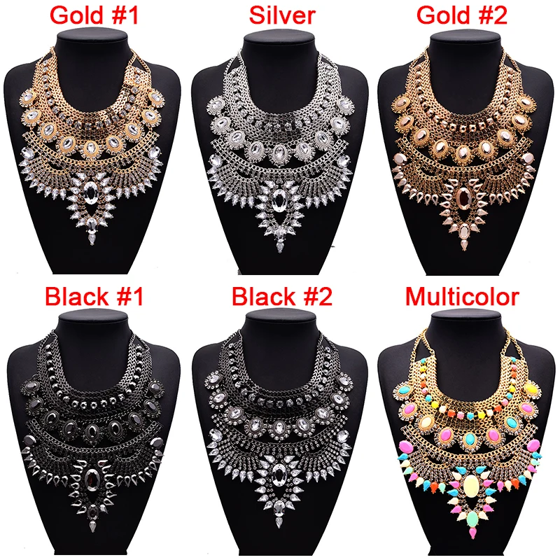 Fashion Elegant Temperament Bib choker necklace Women statement big chunky vintage black silver crystal #232831 | Украшения и