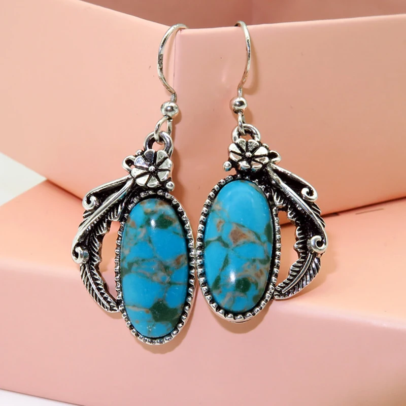 

Vintage Ethnic Blue Stone Drop Earrings For Women Leaves Floral Turquoises Earrings Boho Jewelry Gift L5M002