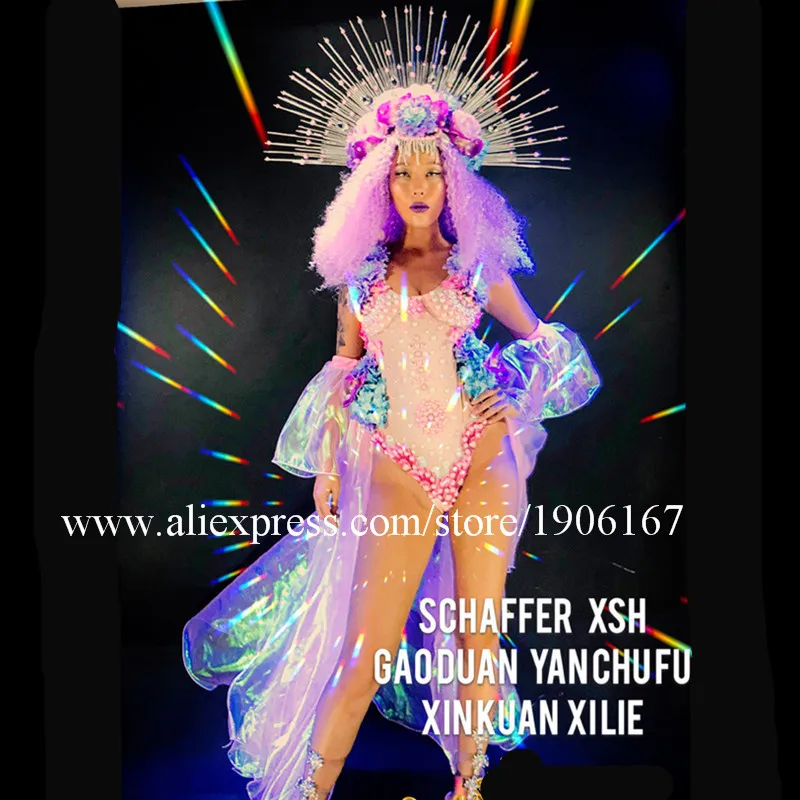 

Nightclub Bar Ballroom Dance Costumes Outfit Party Evening Dress Bar Stage Show Pearl Headdress Catwalk Performance DS Clothes